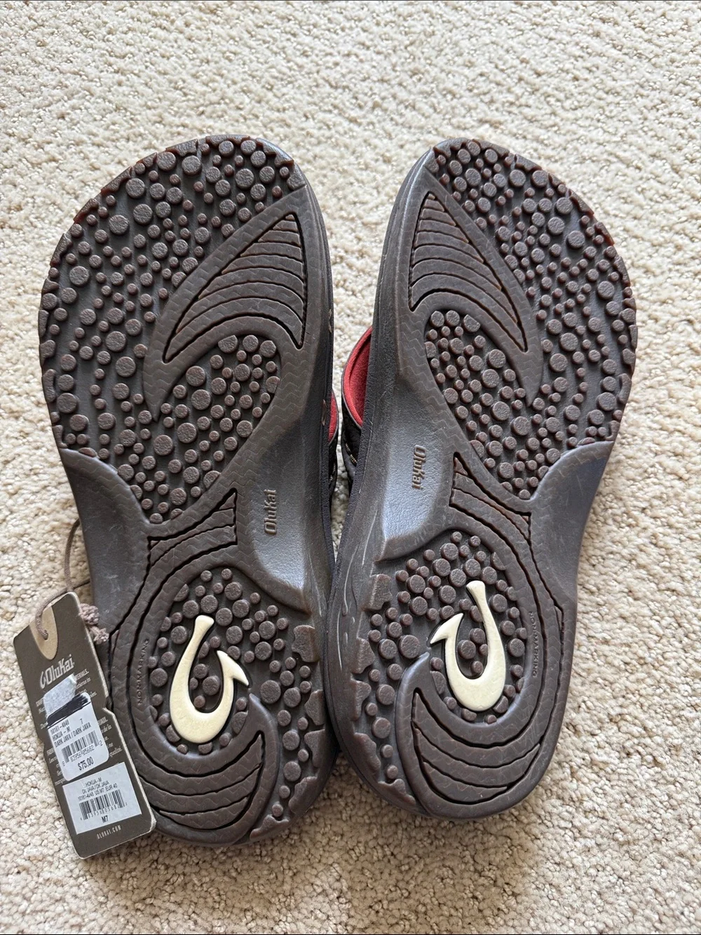 OluKai Hokua Dark Brown Flip Flops with Red Trim - Men’s 7